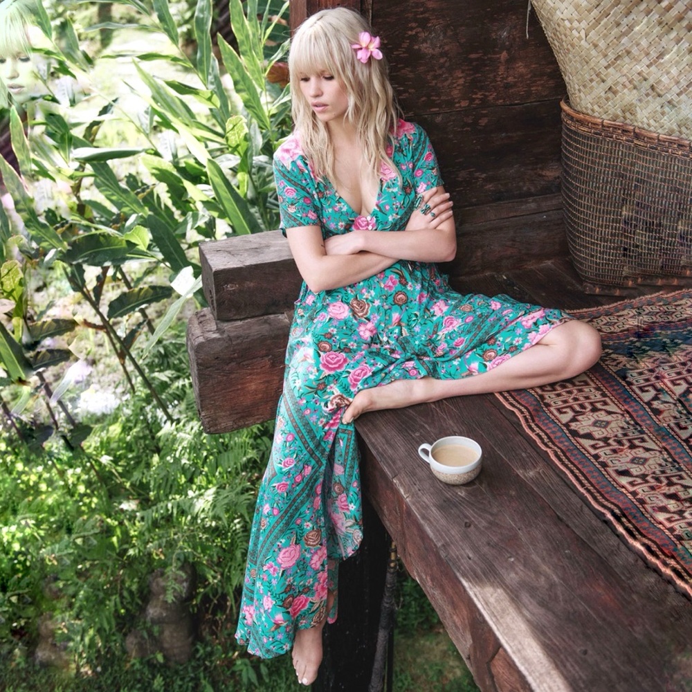 SPELL AND THE GYPSEY PINK TURQUOISE FLORAL PRINT BUTTON UP BABUSHKA GOWN DRESS - Picture 3 of 13